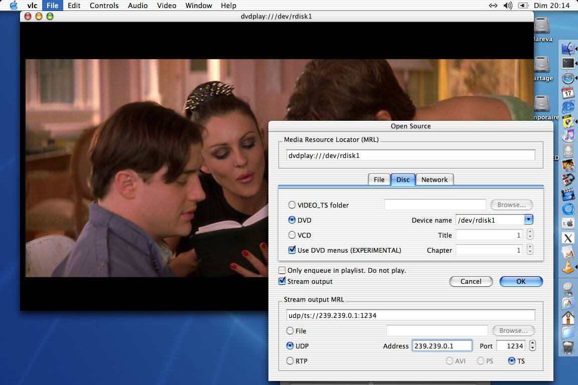 VLC DVD streaming setup dialog on Mac
